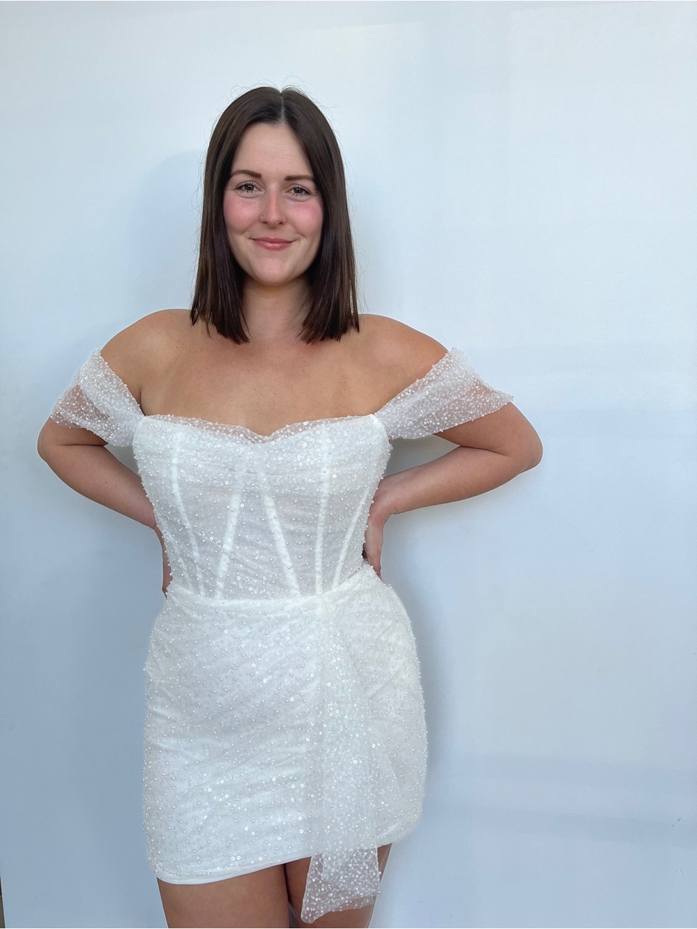 Gibson By Watters (Off-Shoulder White Sequin Mini Dress)